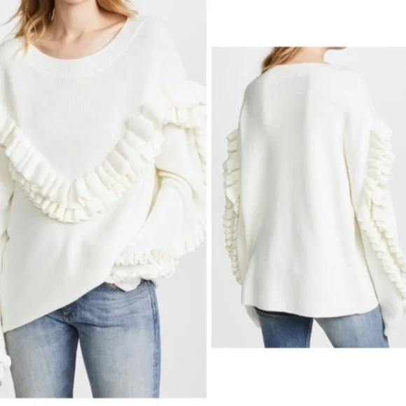 Frame Ruffle Yoke Ribbed Wool Blend Off White Oversized Knit Sweater Size Small - Picture 2 of 8